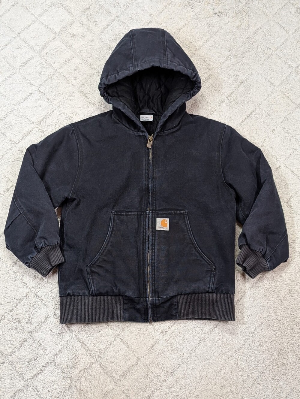 Carhartt Jacket Kids M 8-10 Black Canvas Insulated Active Hooded Full Zip Rugged